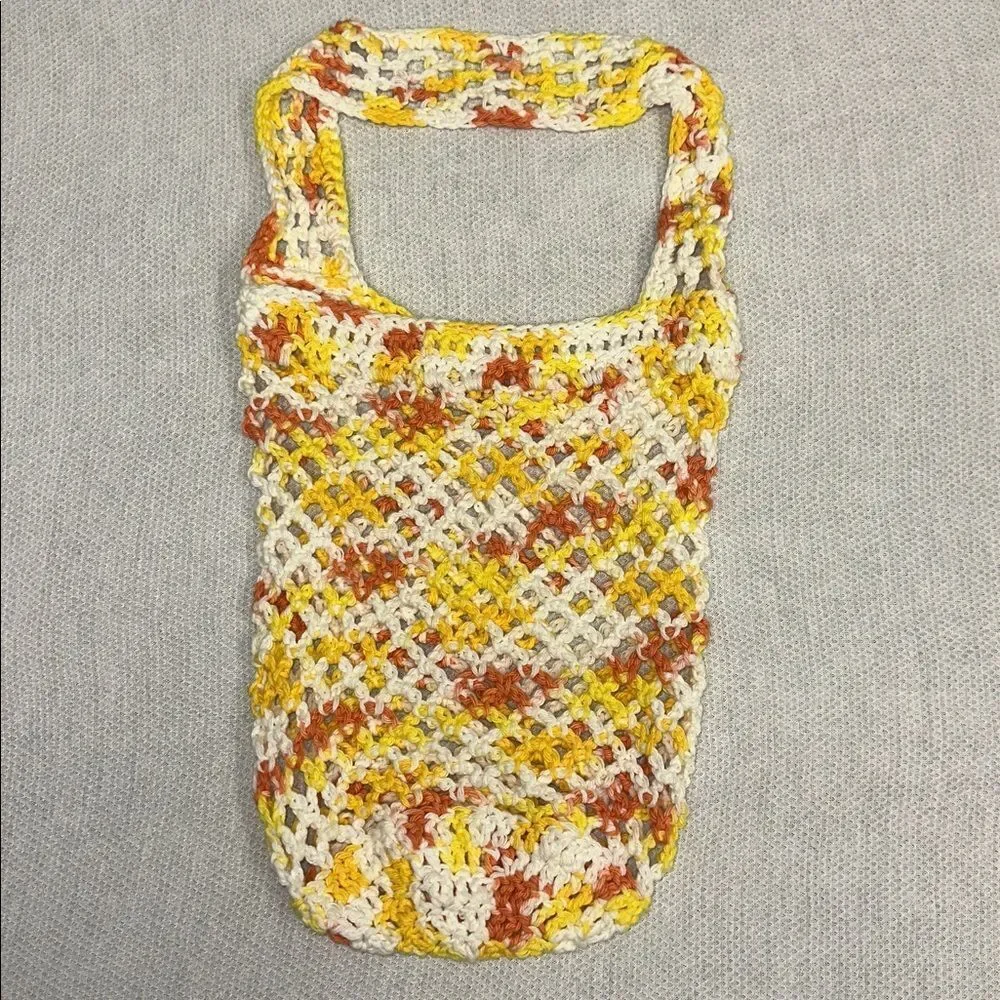 Handmade Crochet White Orange Yellow CandyCorn Colored Small Fishnet Market Tote
